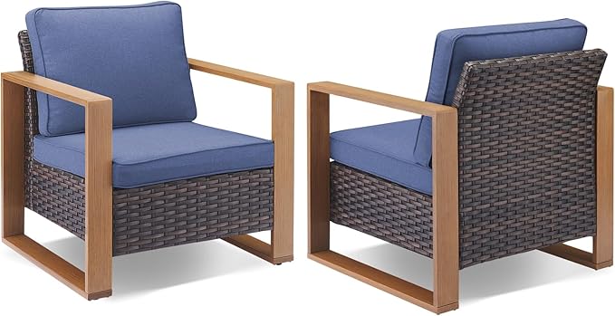 Rilyson Outdoor Wicker Patio Furniture Set - 5 Piece Patio Conversation Set with 2 Wicker Armrest Chairs,2 Rattan Ottoman and 1 Couch,Sturdy Frame,Thick Cushions,Deep Seating(Brown/Blue)
