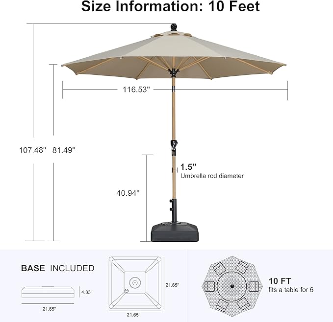 PURPLE LEAF 10 Feet Patio Umbrella with Base Outdoor Umbrella Round Market Umbrella for Table with Push Button Tilt & Crank and 8 Ribs Aluminum Pool Umbrella for Beach Patio, Beige
