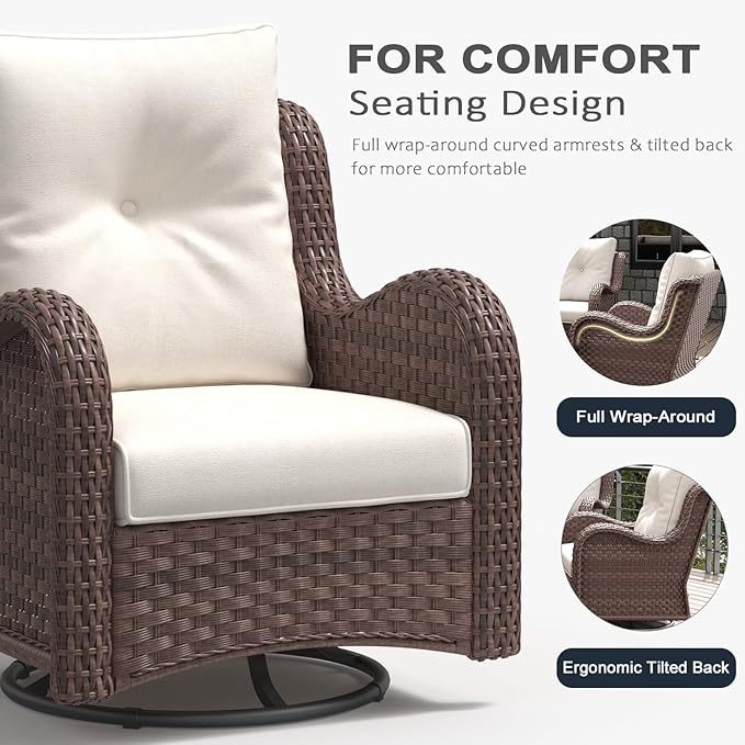 LayinSun 7 Pieces Outdoor Patio Furniture Set with Fire Pit Table, Rattan Wicker Sectional Swivel Rocker Chairs Sets with Ottomans, Swivel Glider Chairs and Coffee Table