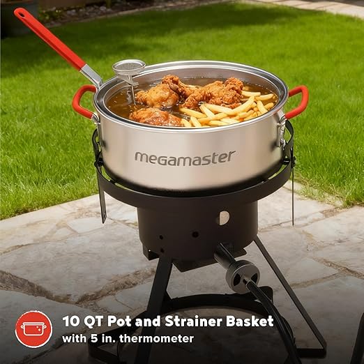 Megamaster 10.5QT Aluminum Fish Fryer Pot Kit, Outdoor 50,000 BTU Propane Deep Fryer with 5 PSI Regulator, 5" Thermometer, Ideal for Chicken Wings, Seafood, French Fries - 840-45012