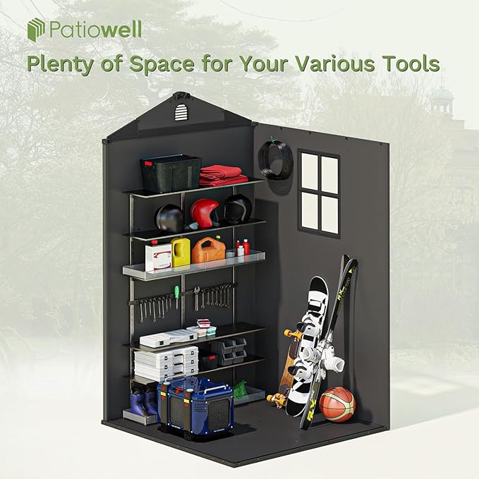 Patiowell 4 x 4 FT Plastic Outdoor Storage Shed with Floor, Garden Tool Shed with Two Windows and Single Lockable Door for Garden, Backyard, Lawn, Easy to Install, Dark Grey(Fit-it Shed)