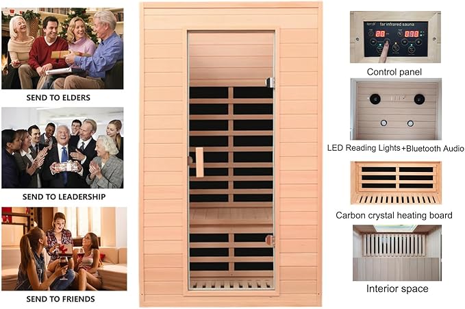2 Person Infrared Sauna with Wood Backrest, 1500Watt Low EMF Far Infrared Sauna for Home Spa, Hemlock Indoor Personal Sauna with Blue-Tooth Speaker, 2 Reading Lights,1500W/120V/15A