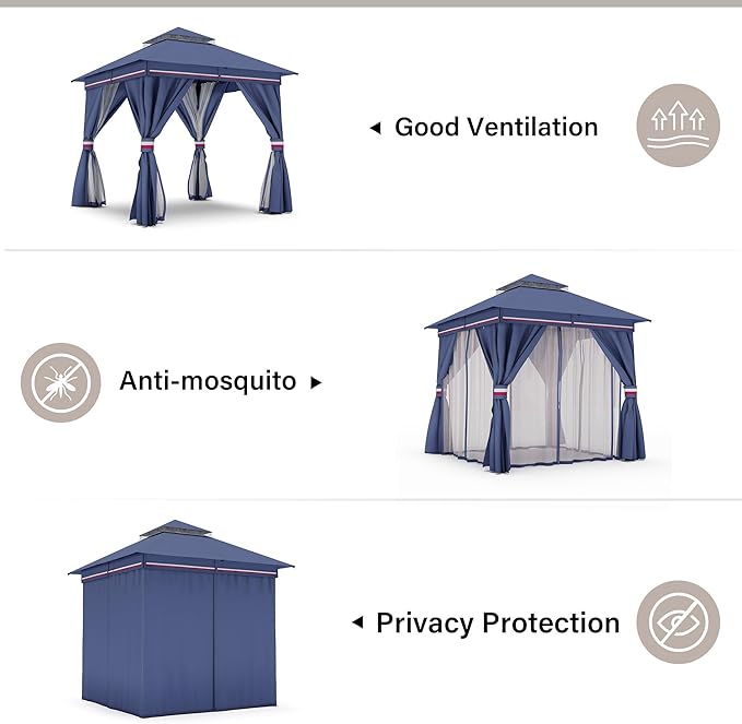 LAUSAINT HOME Gazebo 8x8ft, Heavy Duty Patio Gazebo with Expansion Bolts, Party Canopy Tent with Double Roofs, Mosquito Nettings and Privacy Screens for Backyard, Garden, Lawn, Classic Blue