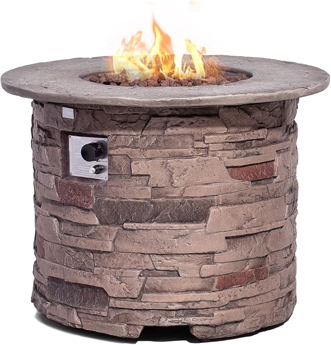 COSIEST Outdoor Propane Concrete Fire Pit Table w Imitation Stone Surface 32-inch Round Fire Table, Certified, 40,000 BTU Stainless Steel Burner, Free Lava Rocks, Fits 20lb Tank Inside