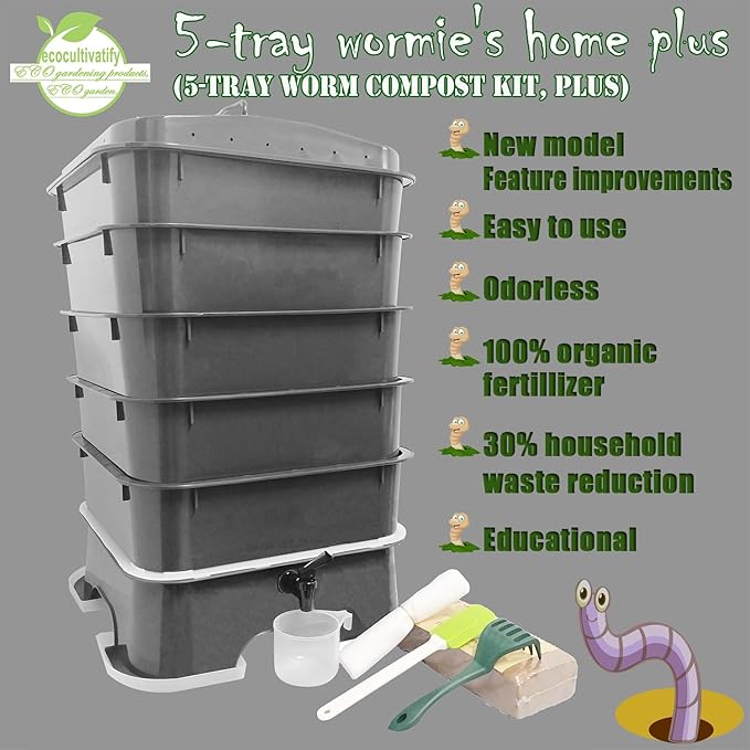 5-Tray Worm Compost Bin, Worm Composter for Outdoor & Indoor, 5-Tray ecocultivatify Wormie's Home Plus, Worm Bin Set for Recycling Household Waste (Black)