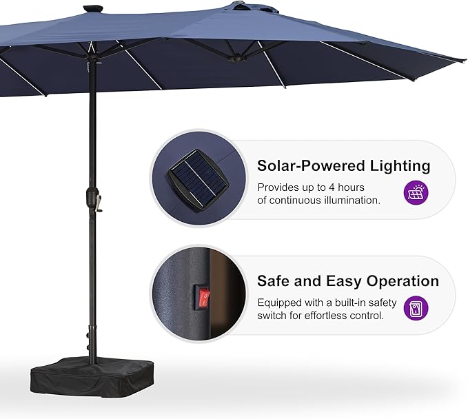 PURPLE LEAF 14ft Patio Market Umbrella with Solar LED and Base Double-Sided Rectangle Outdoor Table Sun Umbrellas with Crank for Pool Beach Deck Backyard Navy Blue