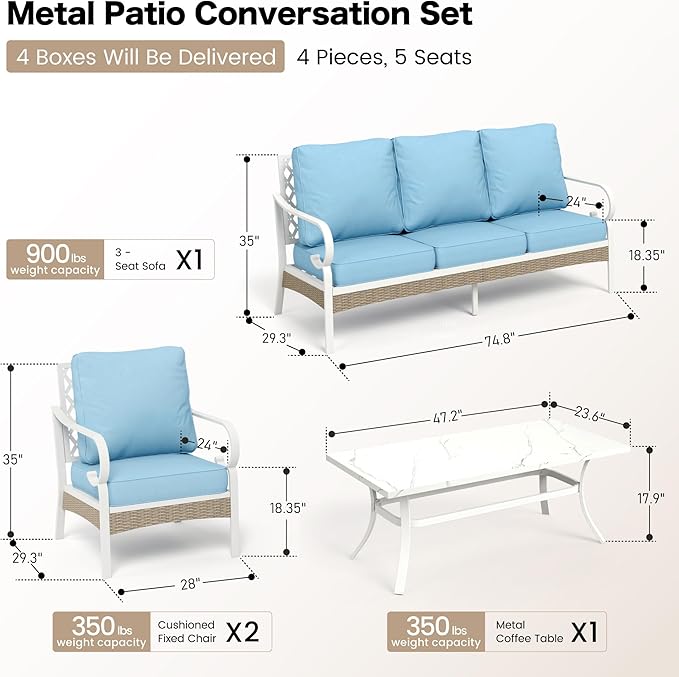 SUNSHINE VALLEY 4 Piece Metal Outdoor Patio Furniture Sets, Patio Conversation Sets 1 3-seater Sofa, 2 Single Sofa with 5.75" Extra Thick Cushion and Coffee Table, White Frame Backyard Furniture, Blue
