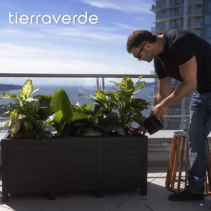 Tierra Verde 17-Inch x 48-Inch Raised Garden Trough Box with Tool-Free Connect System and Crafted from Recycled Materials, for Patios or Decks, Black
