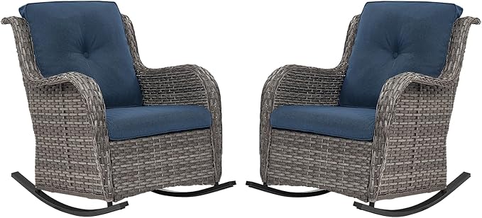 Patio Rocking Chairs Set of 2, Outdoor Gliders Patio Rockers, Wicker Outdoor Rocking Chairs for Porch, Deck, Yard, Sunroom, Garden, Grey Wicker/Blue Cushions