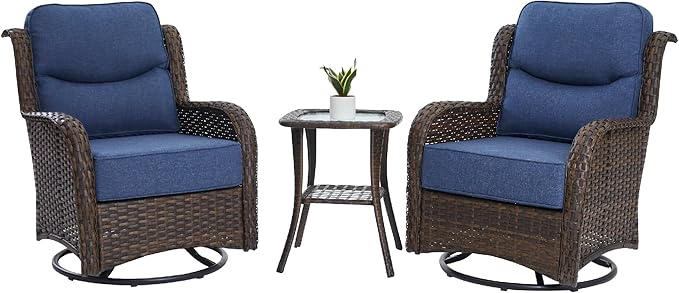 HILLGA Luxury Outdoor Swivel Rocker Patio Chairs of 2 with 6 Inch Thick Cushions and Side Table, Swivel Outdoor Chairs 3PCS High Back Wicker Patio Furniture Set for Porch, Balcony, Deck in Blue