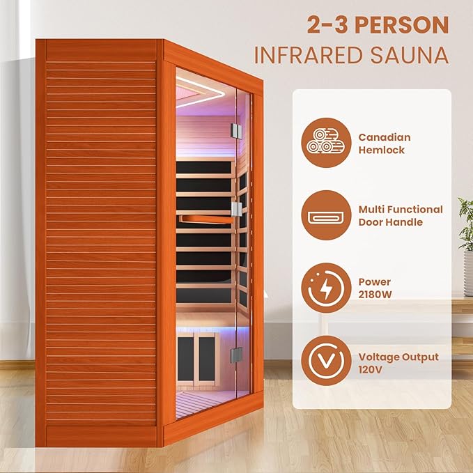 2-3 Person Sauna Corner Sauna Far Infrared Saunas Room Home Canadian Hemlock Indoor 2100W Low-EMF Dry Saunas with Red Light Therapy Beauty Lamp 47.2 * 47.2 * 74.8inch