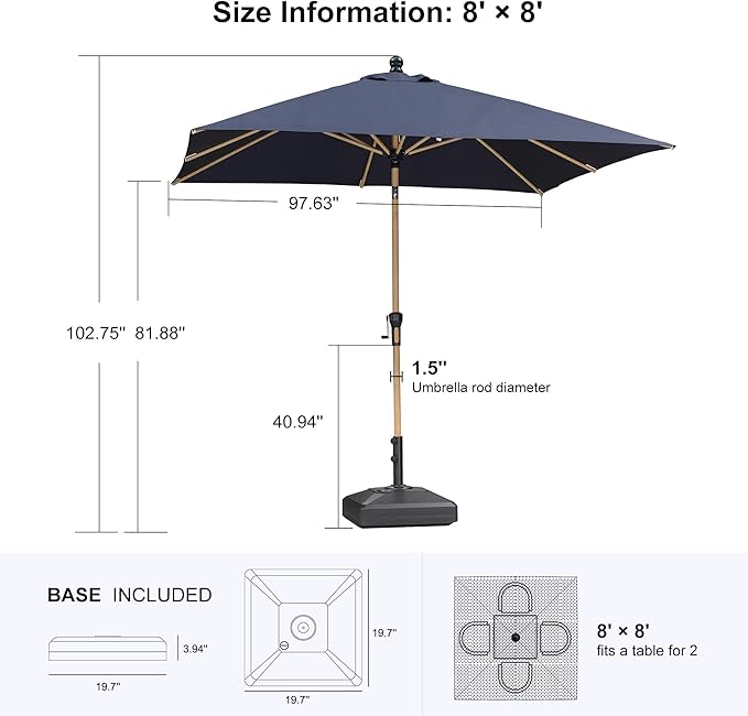 PURPLE LEAF 8' x 8' Square Outdoor Table Umbrella with Base Patio Umbrella Aluminum Market Umbrella with Push Button Tilt & Crank and 8 Ribs Outdoor Umbrella for Pool Backyard Beach, Navy Blue