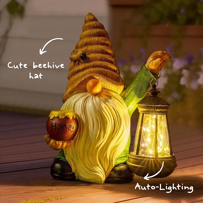 WONDHOME 12.3''Solar Garden Gnomes Outdoor Decor Honey Bee jar Gnome Statues with LED Lantern Xmas Patio Lawn Yard Art Decoration Birthday Christmas Gardening Gifts for Mom Dad, Bee Gnome