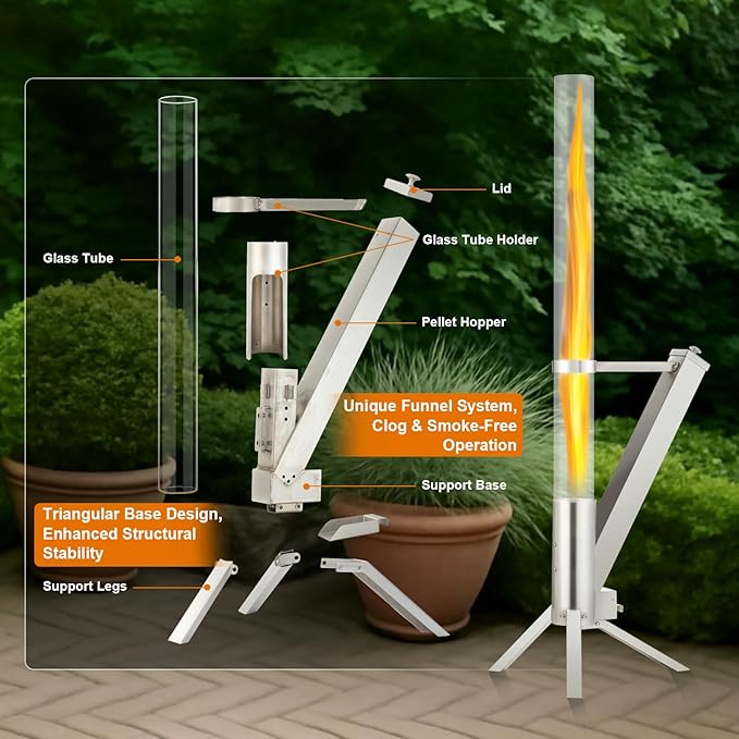 Outdor Wood Pellet Patio Heater with Ash Tray, Pellet Fire Tube, Ideal for Camping, Campfire Party, Outdoor Dining, Patio, Backyard, Beach, Bring Happiness to Your Life (Silver)