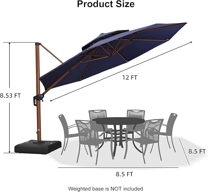 PURPLE LEAF 12 Feet Double Top Deluxe Round Patio Umbrella Offset Hanging Umbrella Cantilever Umbrellas Outdoor Market Umbrellas Garden Umbrella, Navy Blue