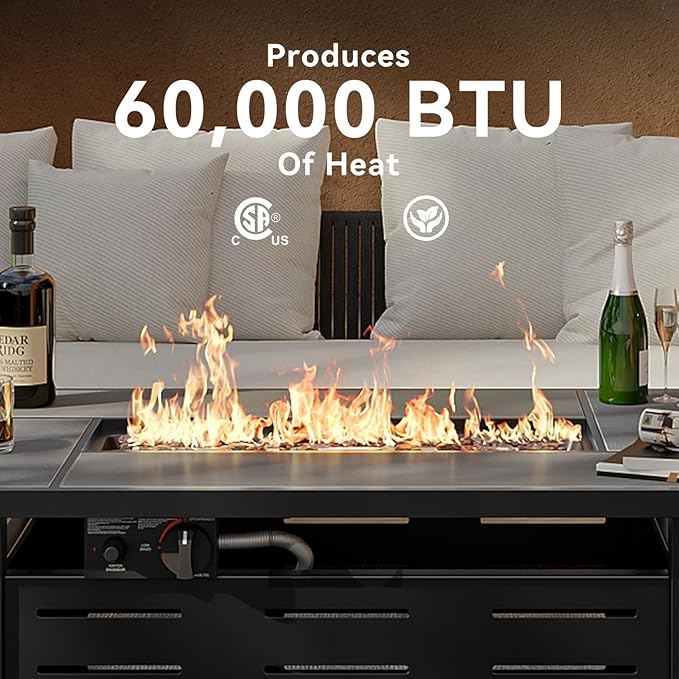 Aoxun 42" Propane Fire Pit Table Ceramic Top, 60000 BTU Outdoor Patio Heater with Lava Rocks, Rectangle Gas Fire Pits for Outside Patio with Removable Lid, Black
