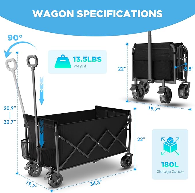 Wagons Carts Foldable with Brakes & All-Terrain Wheels, 560LBS Capacity Utility Cart for Beach Trips, Outdoor Camping, Sports & Garden Use – Black