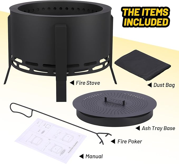 26 Inch Smokeless Fire Pit Stove Bonfire, Outdoor Steel Fire Pit with Adjustable Foot, Fire Poker and Dust Bag, Large Firepits for Outside Wood Burning Black