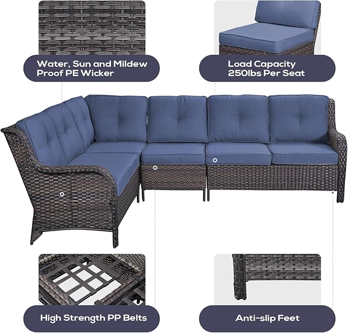 Belord Outdoor Sectional Furniture Sofa Set with Propane Fire Pit Table, Wicker Patio Conversation Set with 2 Swivel Rocker Glider Chairs Blue Cushion Perfect for Backyard Casual Gathering