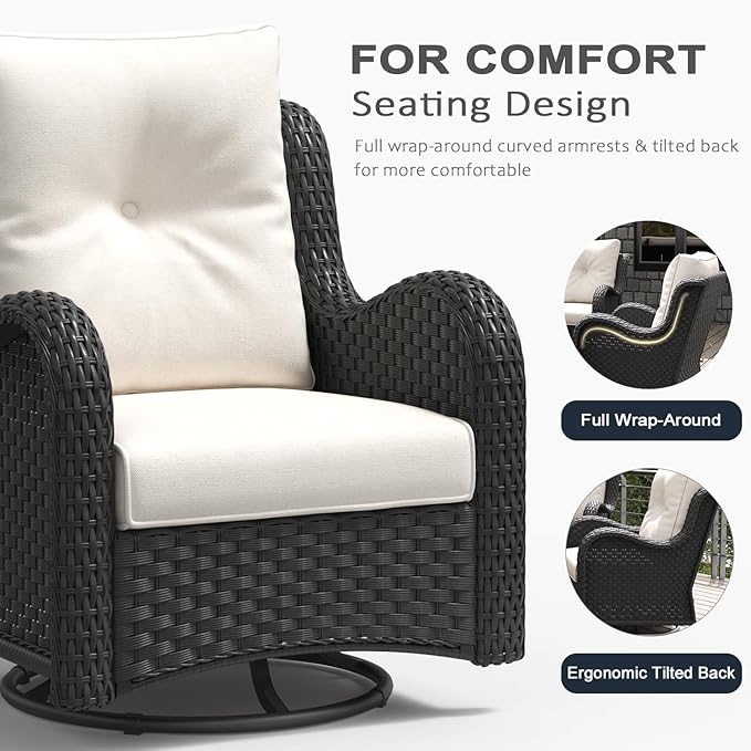 LayinSun 10 Pieces Outdoor Patio Furniture Set with Fire Pit Table, Rattan Wicker Sectional Swivel Rocker Chairs Sets with Ottomans, Swivel Glider Chair, Single Chairs and Coffee Table