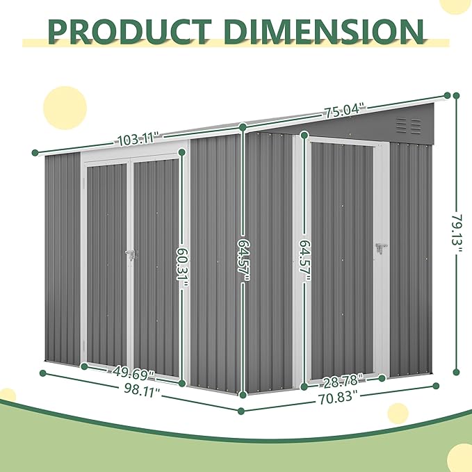 8x6 FT Outdoor Storage Shed W/Adjustable Lockable Double Side Doors,Metal Shed W/Floor Frame & 2 Air Vents,Garden Tool House W/Updated Frame Structure,for Backyard Patio Lawn,Gray