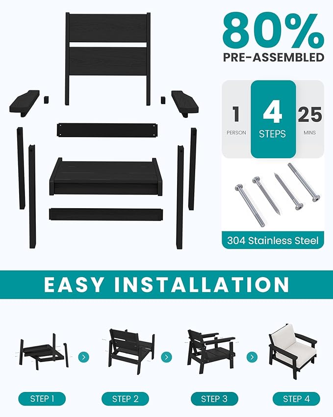SERWALL Patio Conversation Sets, 7 Piece, Black Frame with Khaki Cushions