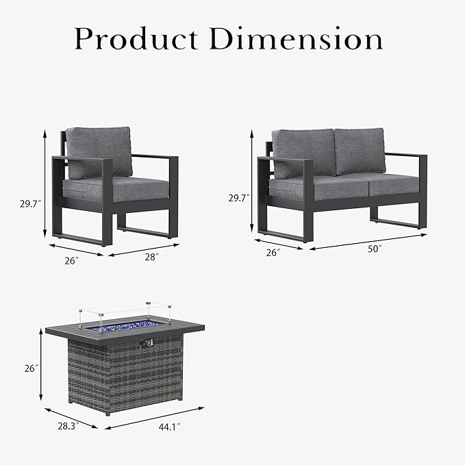 LayinSun 4 Pieces Aluminum Outdoor Patio Furniture Set, Metal Modern Conversation Sofa Set with Fire Pit Table and Washable Thick Cushions for Porch, Backyard, Deck