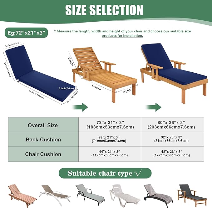 Chaise Lounge Cushions Outdoor Set of 2 - Waterproof and Fade Resistant Sun Lounger Replacement Cushions - Patio Lounger Pads with Removable Cover for Pool, Deck, 80 x 26 x 3 Inch, Navy