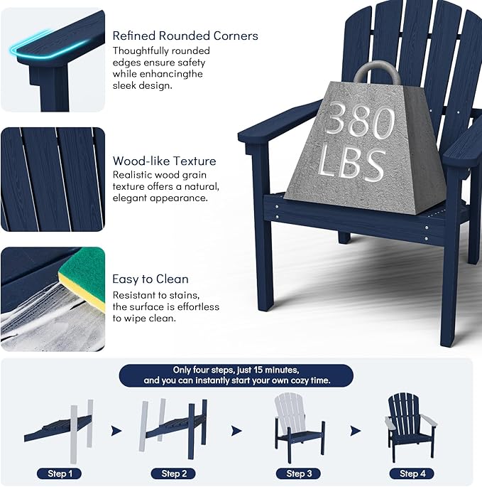 nevilywood Compact Stackable Adirondack Chairs Set of 2, 26.3" Wide HDPE Outdoor Patio Chairs - Durable, Space-Saving Design for Porch, Lawn or Garden, Navy