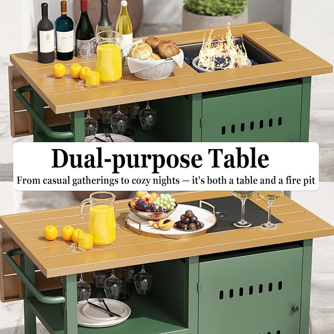 Gas Fire Pits for Outside Patio, Rectangular Fire Pit Tables, Firepit Table Propane, 44" Outdoor Propane Fire Pit with Universal Wheels, 2 in 1 Rectangle Gas Fire Pit Table, Green