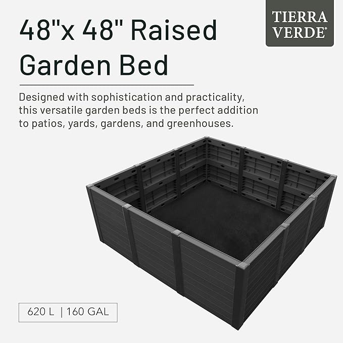 Tierra Verde 48-Inch x 48-Inch Raised Garden Bed with Tool-Free Connect System and Crafted from Recycled Materials, for Patios or Decks, Black