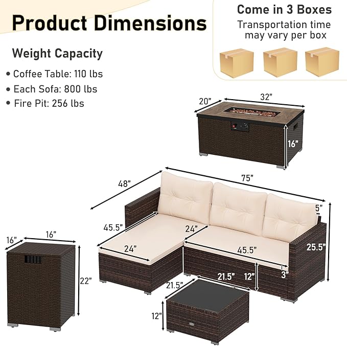 Tangkula 5 Pieces Patio Furniture Set with 32” Fire Pit Table and Propane Tank Cover, Outdoor Wicker Cushioned Sectional for Deck, Backyard, Fire Pit Protective Cover Included (Beige)