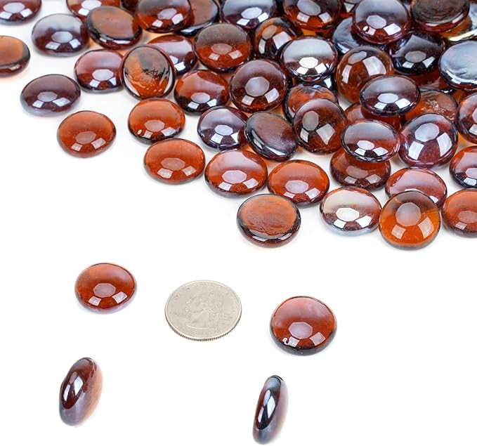 onlyfire Flat Fire Glass Beads for Propane Fire Pit, 1/2 Inch Reflective Firepit Glass Rocks 10 Pounds Flat Marbles for Gas Fireplace and Fire Pit Table, High Luster Amber