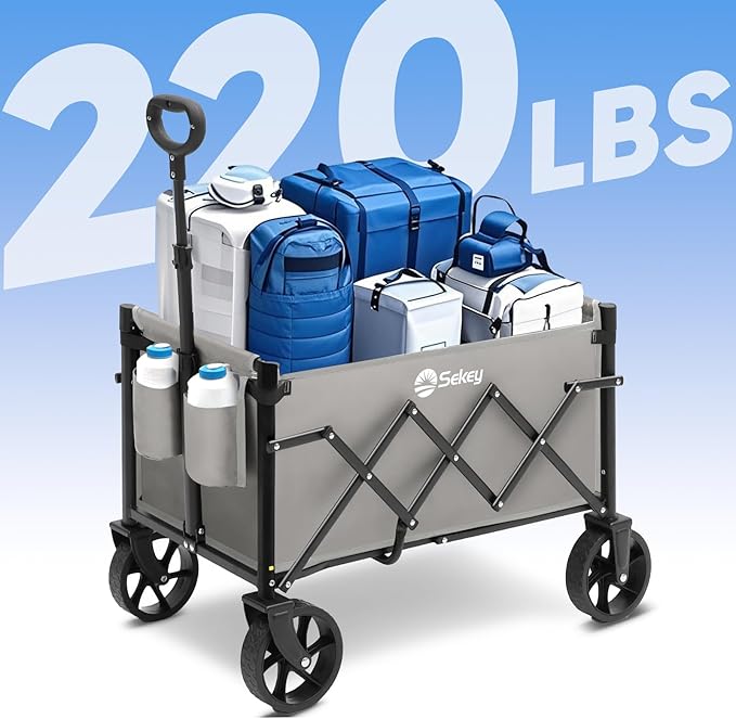 Sekey Wagon Cart with Wheels with 220LBS Capacity,Heavy Duty Wagon Carts Foldable with Drink Holders,Lightweight Utility Portable Cart for Grocery, Shopping, Garden, Camping. Gray