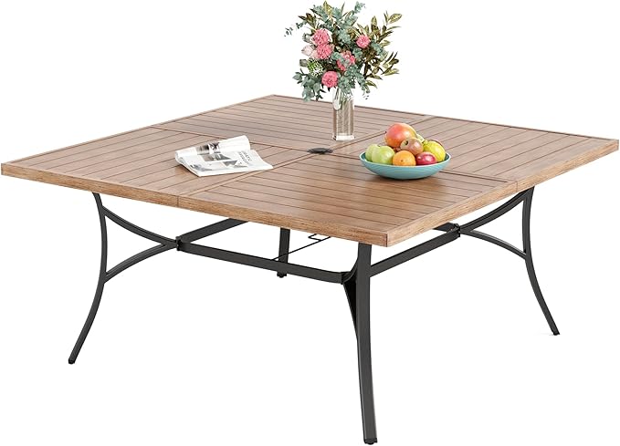 Sophia & William 60" Large Outdoor Patio Table for 8, Outdoor Square Metal Dining Table with 1.9" Adjustable Umbrella Hole, All Weather Wrought Iron Furniture Table for Garden Deck, Brown