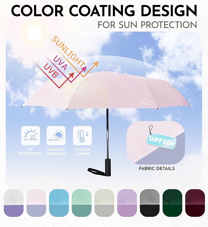UV Travel Umbrella for Sun Protection & Rain, Compact Windproof Folding, Refined craftsmanship, Auto Open/Close, 43" Canopy with color coating, UPF 100+ UV Blocking, TSA Approved