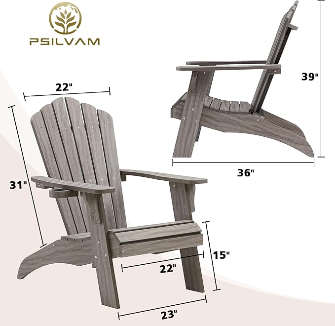 Psilvam Oversized Adirondack Chair, Fade-Resistant & Odor-Free Poly Lumber Fire Pit Chairs with Cup Holder, Weatherproof Lawn Chair, Easy 15 Min Install Patio Chair, 350 Lbs Support (1, Light Gray)