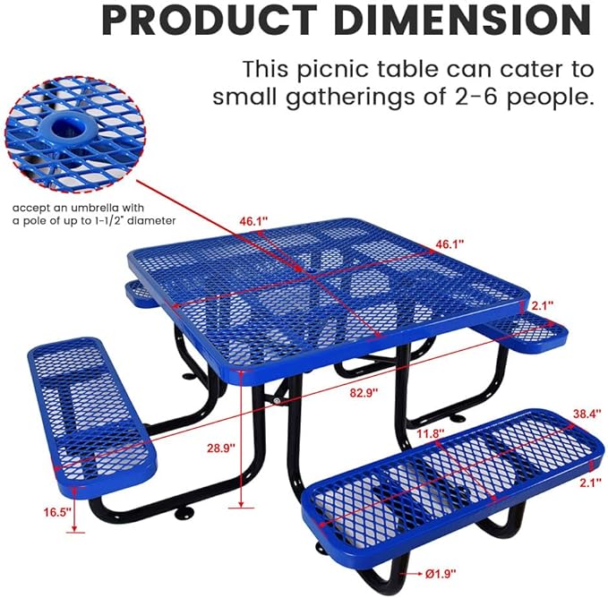 KUFUH 46" Square Metal Picnic Table for 4-8 Person, Durable Heavy Duty Commercial Picnic Table with Umbrella Hole for Outdoor Coffee Shop, School, Hospital, Easy to Install, Blue