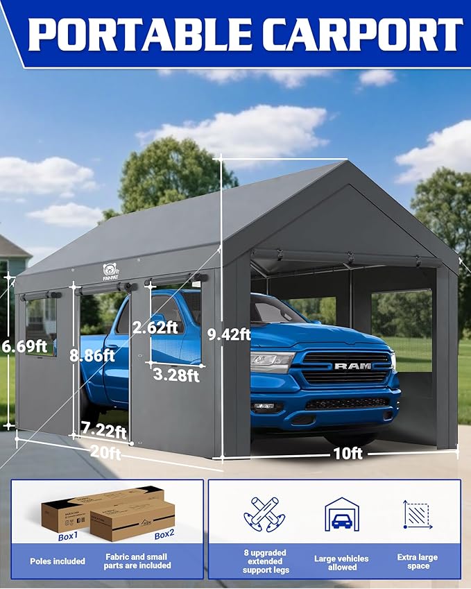 Heavy Duty 10x20 Carport, Waterproof UV Resistant Portable Garage Shelter with Rustproof Steel Frame, All Weather Protection for Vehicles Boats Equipment (Gray, 10x20ft)