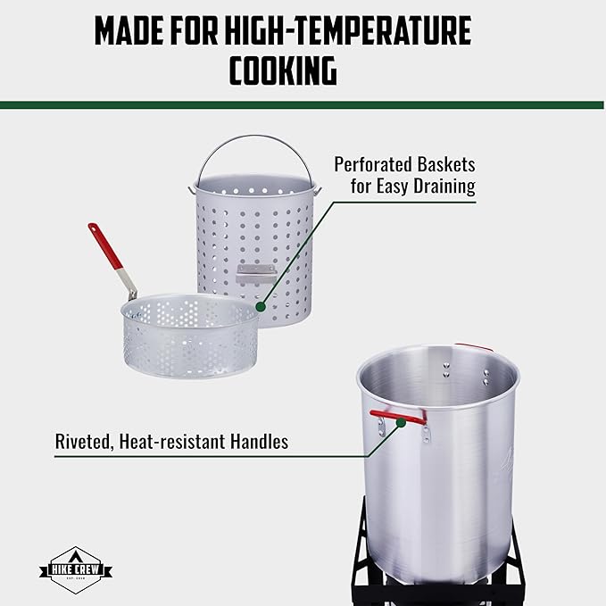 Hike Crew Outdoor Turkey Fryer Kit - Complete Kit for Steaming, Boiling & Frying with 30Qt Boiler Pot, 10Qt Fryer Pot, Fry Baskets, Stand, 2 Thermometers, Injector, Gloves, Storage Cover & More