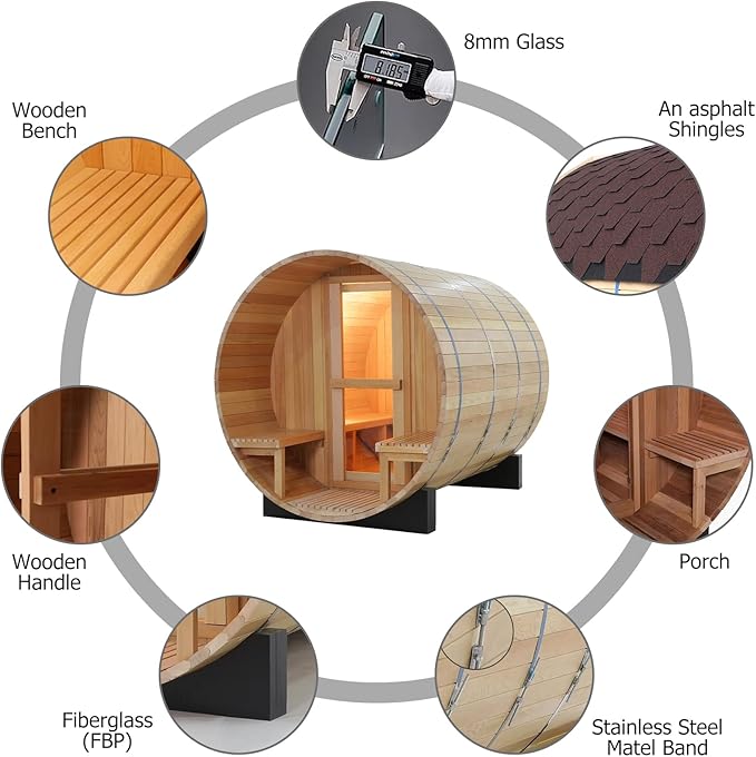 ZONEMEL Outdoor Barrel Steam Sauna, Canadian Hemlock Sauna Room for 6-8 Person, 6KW ETL TOULE Heater, Asphalt Shingles, Canopy Porch, 8mm Tempered Glass, Sauna Stone, Water Bucket, Ladle, Light, 220V