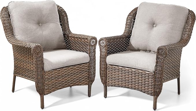 Patio Wicker Chairs Outdoor Furniture Chair - Set of 2 Outside All Weather Lawn Dining Brown Rattan Armchair with High Back&Deep Seating for Deck Porch Balcony Backyard Garden - Beige