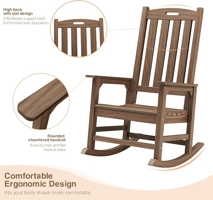Psilvam Outdoor Rocking Chair Set of 2, Poly Lumber Oversized Rocking Chair with 21" Wide Seat and 32" Tall Backrest, Pre-Assembled with Most Components for Effortless Installation(Bright Brown)