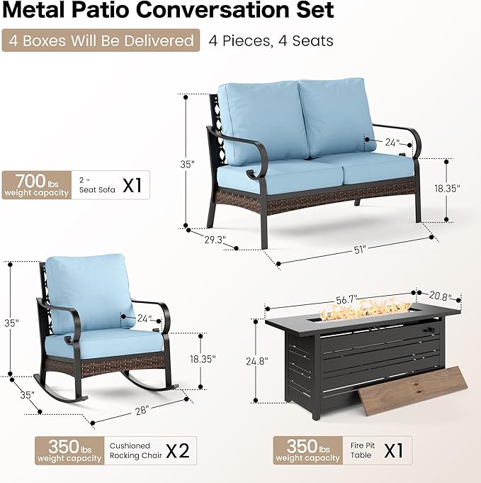 SUNSHINE VALLEY 4 Piece Metal Outdoor Patio Furniture Sets with Firepit Table, Patio Conversation Sets 1 2-Seater Sofa, 2 Rocking Sofa with 5.75" Cushion Black Backyard Furniture for Deck, Blue