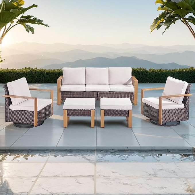 Rilyson Outdoor Wicker Patio Furniture Set - 5 Piece Patio Conversation Set with 2 Wicker Swivel Rocker Chairs,2 Rattan Ottoman and 1 Couch,Thick Cushions,Deep Seating,Wide Armrest(Brown/Beige)