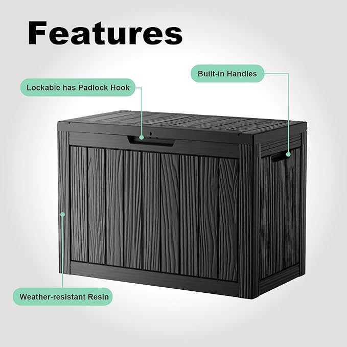 45 Gallon Deck Box Large Outdoor Storage for Patio Furniture,Outdoor Cushions,Garden Tools and Pool Supplies,Waterproof,Resin,Lockable(Black)