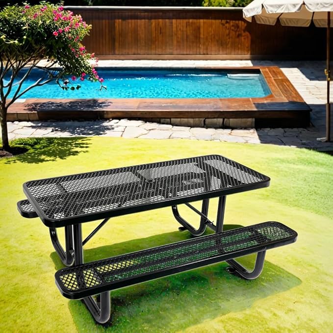 Phyfalip 6 ft. Rectangular Outdoor Steel Picnic Table with Umbrella Pole, Heavy-Duty Weather-Resistant Dining Table for Patio, Backyard, and Garden, Rust-Resistant Finish, Black