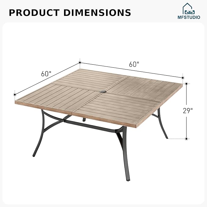 MFSTUDIO 60" Square Metal Outdoor Dining Table, Large Patio Furniture 8 Person Table with 1.57" Umbrella Hole for Deck,Backyard,Lawn,Garden(Brown)