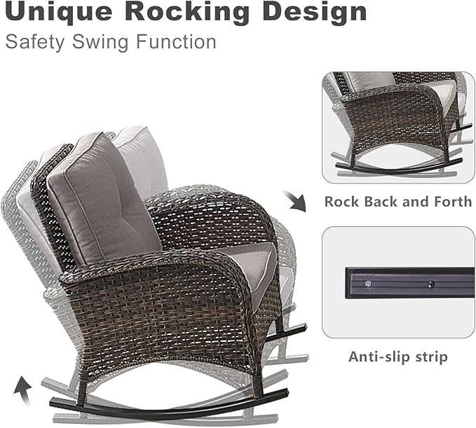 HUMMUH 7-Piece Outdoor Patio Furniture with Fire Pit Set,Wicker Patio Sofa Set Outdoor Rocking Chairs with Ottomans for Backyard,Poolside,Deck
