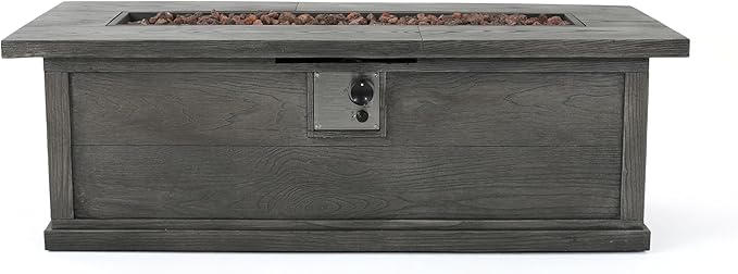 Outdoor Propane Fire Pit Table for Outside Patio, 56 Inch Concrete Fire Pit Table, Rectangle Gas Fire Pit for Garden, Pool, Backyard, 50,000 BTU, Free Lava Rocks, Gray Wood Pattern